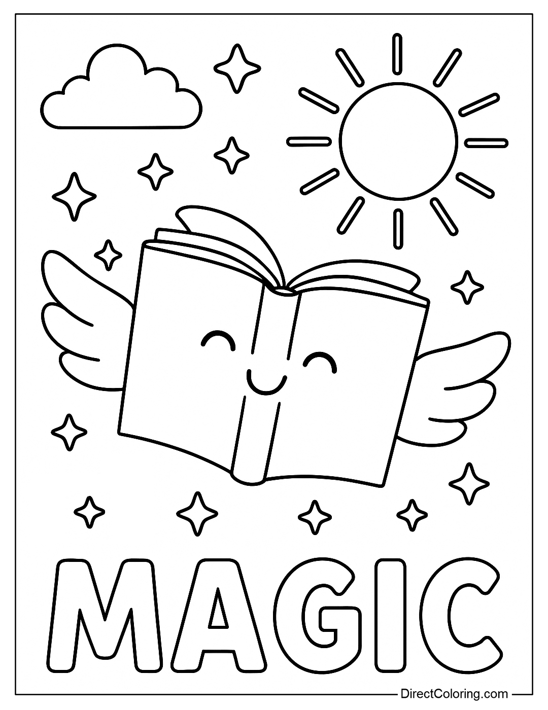 Coloring page of a book with wings flying in the sun, with the words 